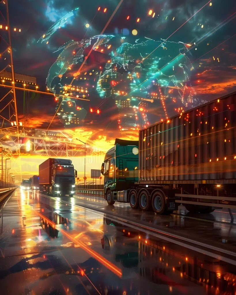 “Caminhões em operação logística com tecnologia e conectividade, representando a logística do futuro.