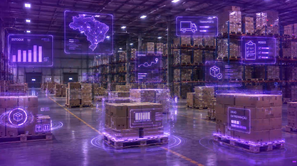 Armazém de distribuição com sistemas de WMS e TMS em realidade aumentada e caixas monitoradas por RFID.