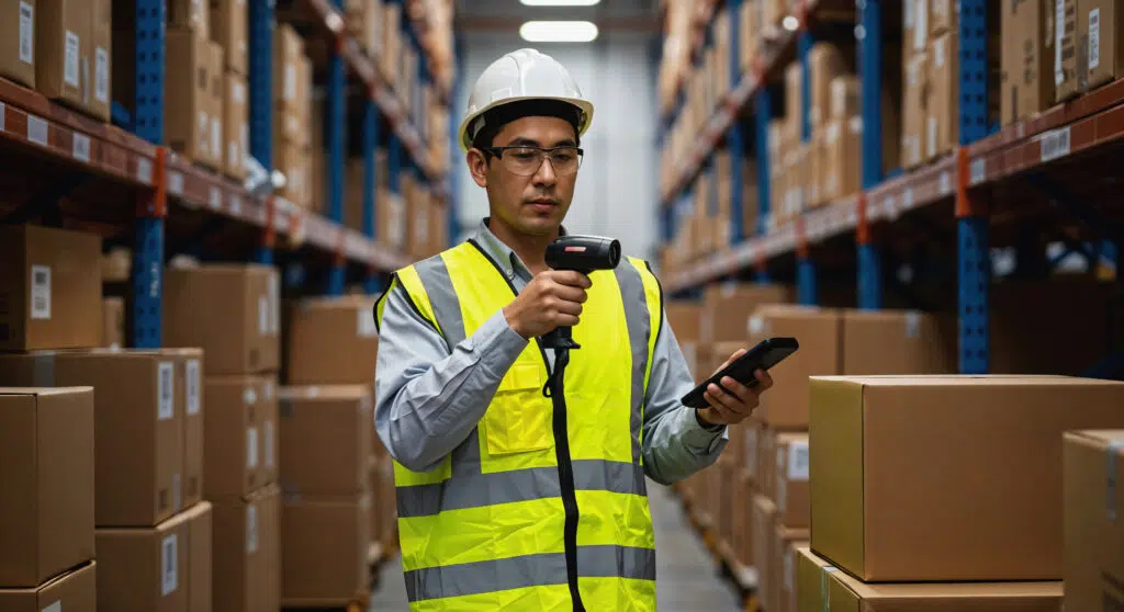 Profissional em armazém utilizando leitor RFID para identificar produtos e acompanhar o estoque.